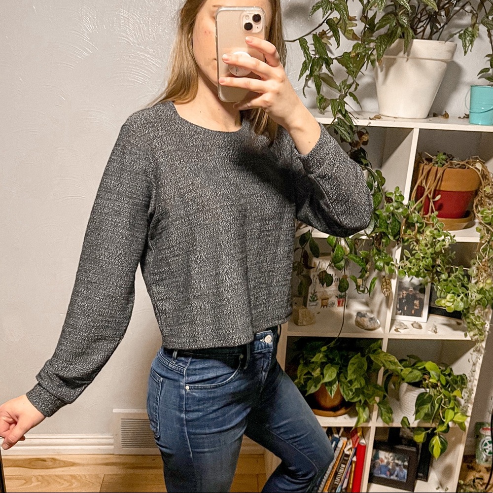 Marine Layer Long Sleeve Top Marled Cropped Organic Cotton Blend Gray Crew Neck - Picture 2 of 7